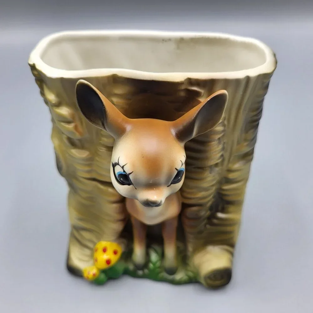 Vintage MCM Bambi Deer Vase Kitchy Planter Deer & Mushrooms Ceramic Table Decor - Picture 10 of 16